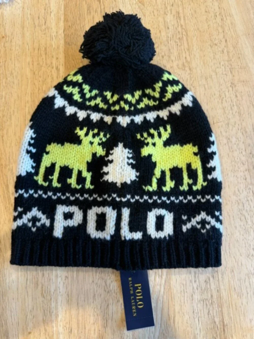 NWT Polo Ralph Lauren Holiday Fair Isle Moose Pom Beanie Hat OS Black